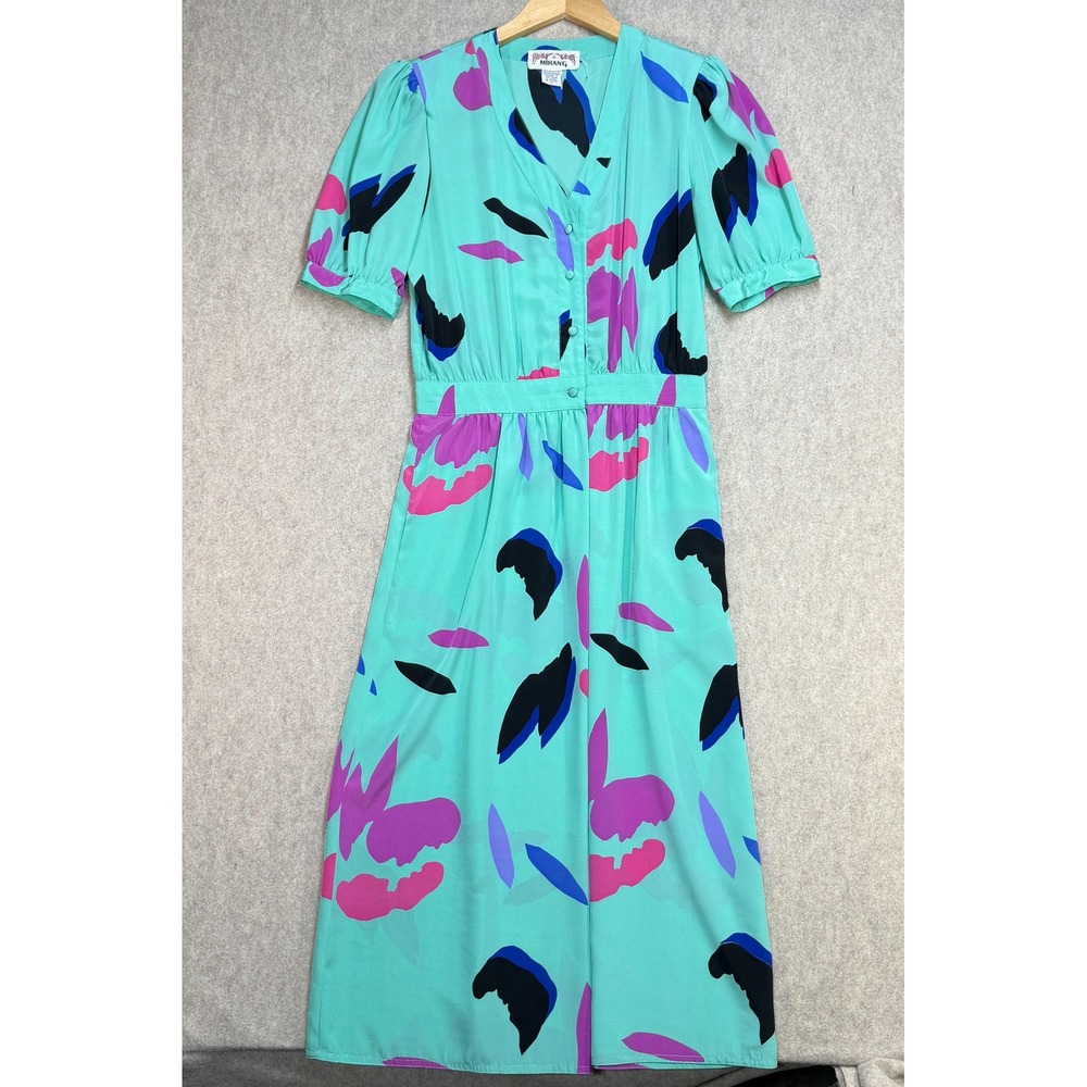 Vintage Abstract Midi Dress Womens 8 Teal Mihang 80s Retro Maximalist Church